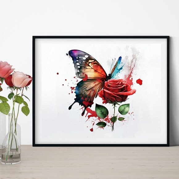 NobleCaptures Other - Butterfly with a Single Red Rose Watercolor Oil Painting Art Print